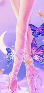 Ballet-themed wallpaper with butterflies and moonlight in purple hues.