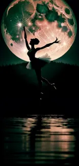 Ballerina silhouetted against a luminous full moon reflecting on water.