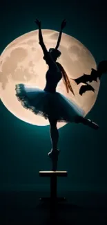 Graceful ballerina dancing under a full moon, with bats in the background.