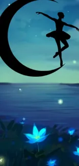 Ballet dancer silhouetted on crescent moon over serene lake at night.