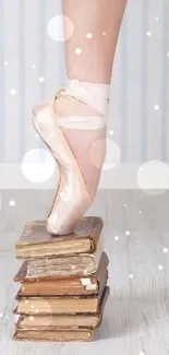 Ballet dancer in pointe shoes balances elegantly on stacked books.