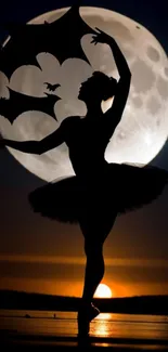 Ballet dancer silhouette against moon with bats.