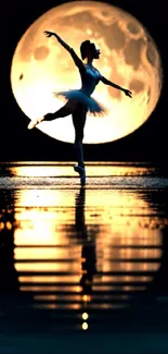 Silhouette of ballet dancer under full moon.