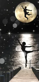 Silhouette of a ballet dancer under a full moon near a lake at night.