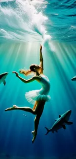 Underwater ballet dancer with sharks in a blue ocean scene.