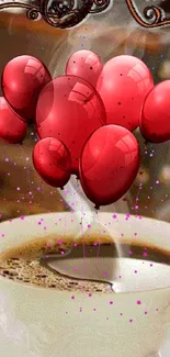 Red balloons float over a steaming coffee cup.