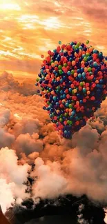 Colorful balloons float over sunset clouds viewed from airplane.