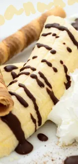 Banana dessert with chocolate drizzles and whipped cream.