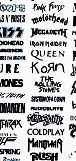 Mobile wallpaper with various band logos in black and white design.