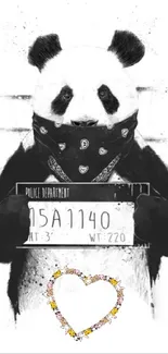 Panda in bandana holding mugshot sign artwork.