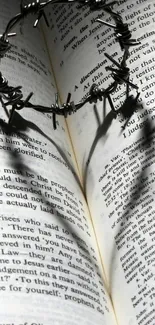 Barbed wire forming heart shadow on book pages.