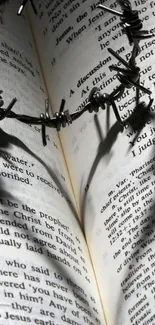 Barbed wire heart casts shadow on open book pages.