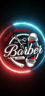 Barber shop logo with neon glow effect on a dark background.