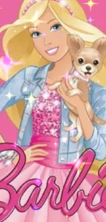 Barbie holding a puppy with pink background.