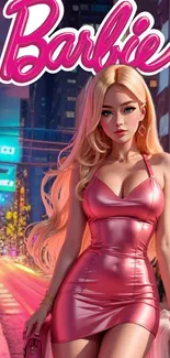 Barbie in pink dress in a vibrant neon cityscape mobile wallpaper.