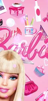 Barbie themed wallpaper with pink background and doll accessories.