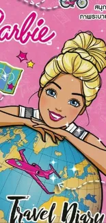 Barbie leaning on a globe with a pink travel-themed background.