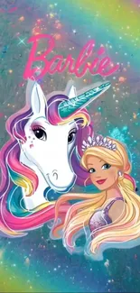 Barbie and unicorn in a rainbow aura wallpaper.