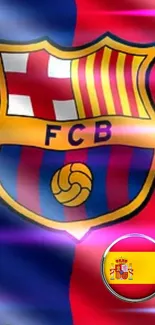 Barcelona club crest on red and blue background.