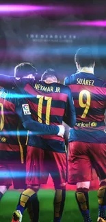 Barcelona football trio with vibrant lighting on field.