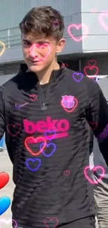 Barcelona players in training gear with hearts.