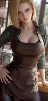 Anime barista in a coffee shop setting mobile wallpaper.