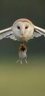 A barn owl in flight capturing prey against a lush green background.