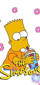 Cartoon Bart sipping a drink with pink donuts background.