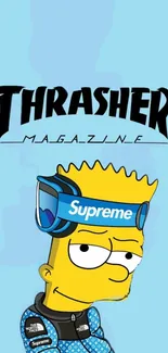 Bart Simpson in Thrasher-Supreme attire on a light blue background.