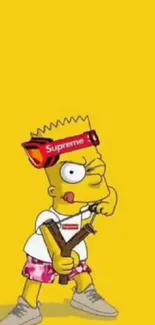 Bart Simpson in Supreme gear on yellow background.