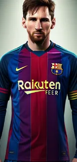 Barça football player in iconic team jersey with vibrant colors for mobile wallpaper.