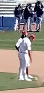 Baseball players on field at sports venue with green grass.