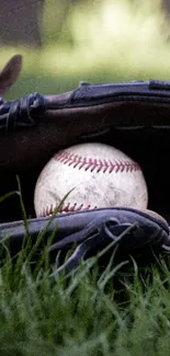 Baseball in a glove on green grass background.