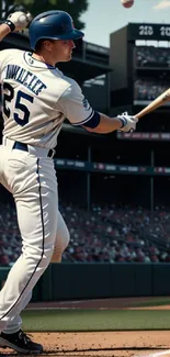 Baseball player swinging bat in stadium action shot.