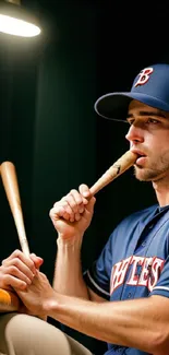 Baseball player sitting thoughtfully in a dugout, wearing a uniform and cap.