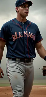 Focused baseball player on field in misty stadium.