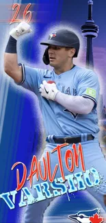 Baseball player with Toronto skyline in blue theme background.