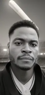 Black and white portrait of a baseball player in a stadium.