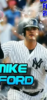 Baseball player in pinstripes with a bat, iconic sports action wallpaper.