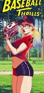 Anime girl baseball player with vibrant colors on green field background.