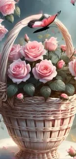 Pink roses in a basket with a butterfly.