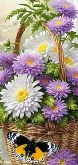 Basket of wildflowers with butterfly on mobile wallpaper.