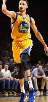 Basketball player in action with vibrant yellow jersey and blue sneakers.