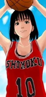 Basketball anime character in a red jersey with a blue sky background.