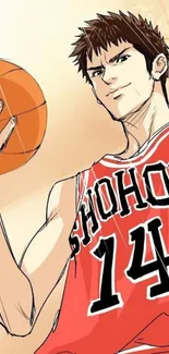 Anime basketball player in red jersey ready to shoot.