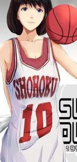 Anime girl in basketball jersey holding a ball.