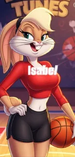 Cartoon bunny with basketball on court.