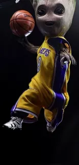 Animated character playing basketball in vibrant yellow attire.