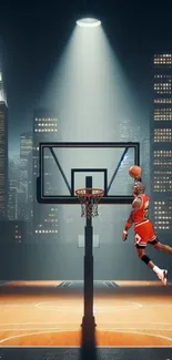 Basketball player jumping in city nightscape wallpaper.