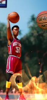 Basketball player shooting on an outdoor court with a clear sky.